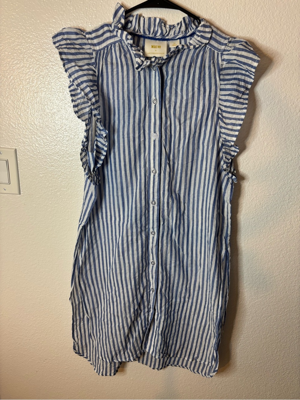 Maeve Anthropologie Women's Blue & White Striped Ruffle Long Tunic Top Sz S